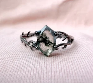 Moss Agate Ring Kite Shape Black Rhodium Plating sterling silver gift for her - Picture 1 of 8