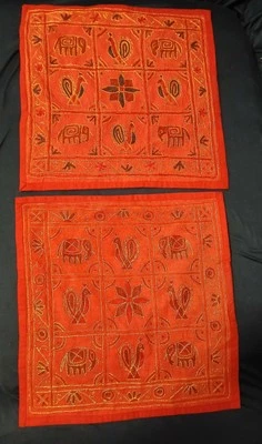 2 Handmade Indian Embroidered Pillow Covers 16"x16" Elephant Peacock Folk Art - Image 1 of 4