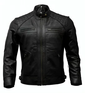 Men's Genuine Lambskin Leather Cafe Racer Jacket Black – Slim Fit Biker Style - Picture 1 of 9
