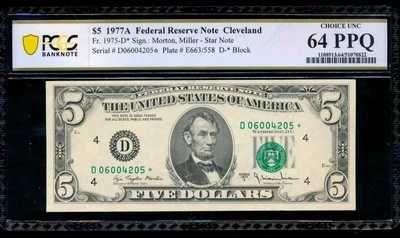 AC 1977A $5 Cleveland *star* FRN PCGS 64 PPQ D-* block Fr 1975-D* - Image 1 of 2