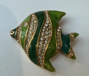 Broche prendedor firmado Swarovski cristal inteligente tropical pez ángel verde azulado y esmalte verde - Imagen 1 de 9