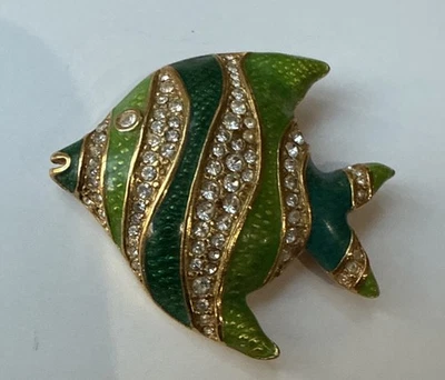 Broche prendedor firmado Swarovski cristal inteligente tropical pez ángel verde azulado y esmalte verde Foto 1 de 4