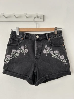 Size 8 Miss Selfridge Black Denim Embroidered Hot Pants - Image 1 of 4