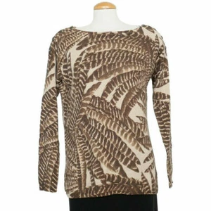 RALPH LAUREN Brown Feather Print Silk Cashmere Boat Neck Sweater M - Picture 1 of 5