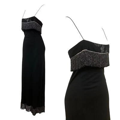Maxi Vestido De Colección Años 70 Temprano Janice Wainwright Negro Metálico Flecos Foto 1 de 4
