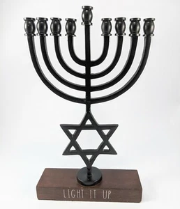 Rae Dunn Hanukkah Menorah Festival of Lights Brass Hardwood Base  - Picture 1 of 5