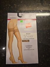Hanes Premium Silky Sheer Lighter Coverage Lace Thigh High Nude Large