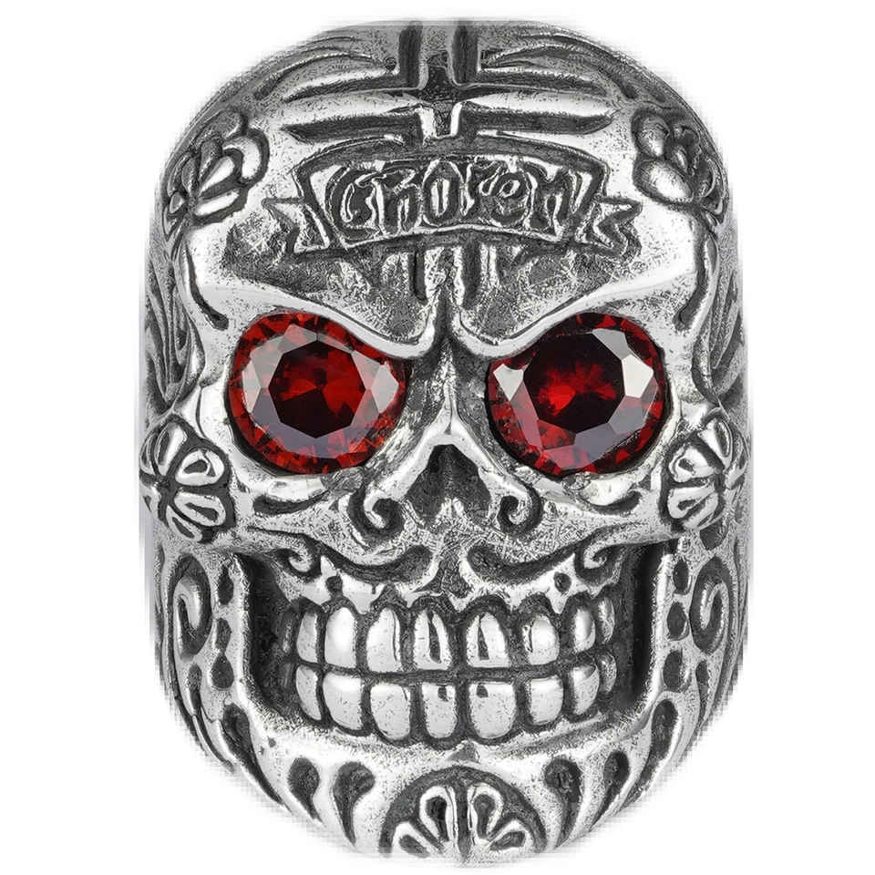 925 sterling silver handmade Carved punk Ruby eyes Skull heavy men's larger Ring - Image 1 of 4