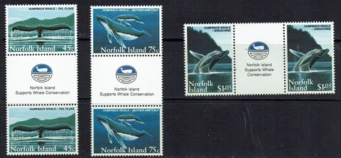 NORFOLK ISLAND 1995 HUMPBACK WHALE CONSERVATION SET OF 3 IN GUTTER PAIRS - MNH Cover