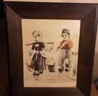 'Niederländische Kinder spielen..." von M. Greiner - Vintage Maldruck in Holz gerahmt