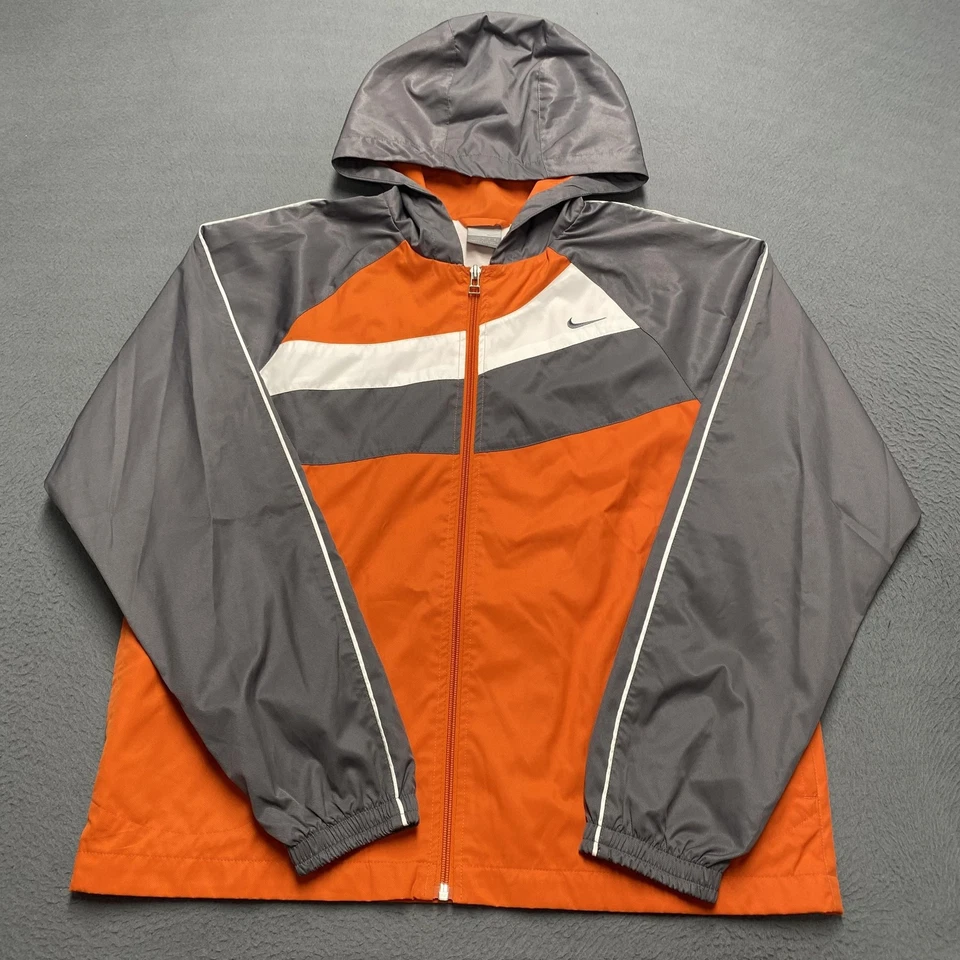 De Colección Chaqueta Nike Juvenil Grande Naranja Gris Con Capucha Cremallera Completa Cortavientos Ligera Foto 1 de 4