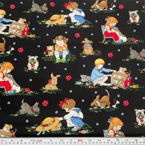 Vintage Mary Engelbreit 2005 Cranston Pets & Kids Black Cotton by the HALF YARD - Picture 1 of 2