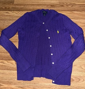 POLO RALPH LAUREN Royal Purple Cable Knit Cardigan Sweater Girls Size XL(16) - Picture 1 of 5