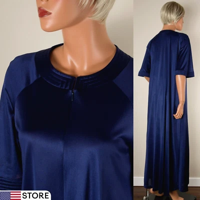 💖 VANITY FAIR Dark Blue Long Gown Robe Silky Nylon Zip Quilted Accents M - Image 1 of 4