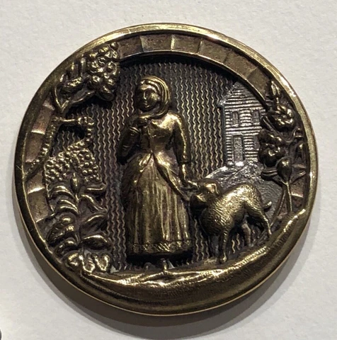 FABULOUS RARE ANTIQUE PICTURE BUTTON ~ MARY & LAMB ~ LARGE~1 & 1/2" Cover