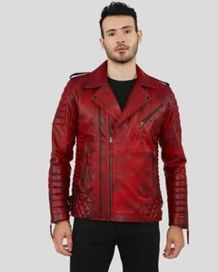 Jacket Leather Vintage Red Antique Biker Mens Lambskin Size Motorcycle Wool Coat - Picture 1 of 11