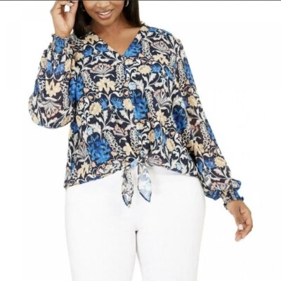 INC Blouse Women's 2X Blue Floral Button Up Tie Waist Sheer Lined Top Shirt $89 - Image 1 of 4