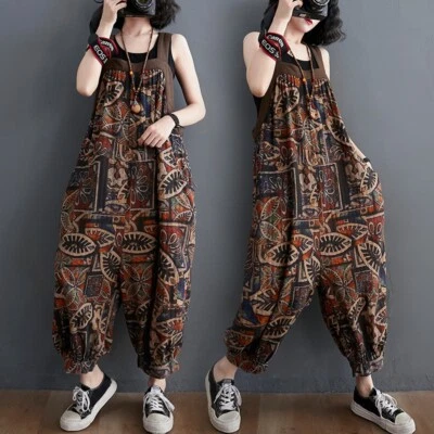 Damen Blumenmuster Baumwolle Latzhose Overall Baggy Hose Overall - Bild 1 von 4