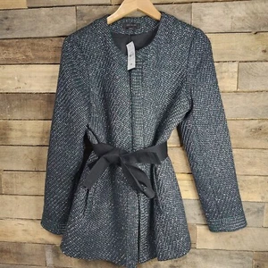 Ann Taylor Women's Tweed Mid Length Belted Blazer Jacket Sz M Green Black New - Picture 1 of 12