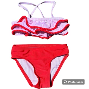 Bikini Cat & Jack para niña pequeña a rayas rojo rosa y blanco con volantes 3T - Imagen 1 de 9