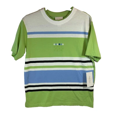 Studio Works Shirt Womens S Blue Green Stripes Embroidered Flowers NWT retired - Image 1 of 4