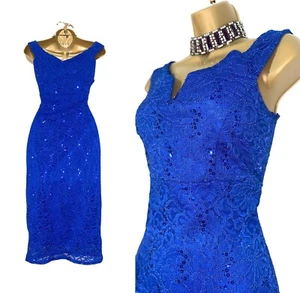 QUIZ Size 10 Royal Blue Sequin Lace Bodycon Pencil Off Shoulder Dress Xmas Party - Picture 1 of 9