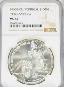 2000 PORTUGAL SILVER 1000 ESCUDOS THE MAN AND HIS HORSE NGC MS 67 RARE TOP POP 1 - Picture 1 of 6