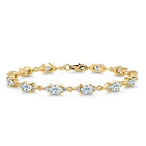 18K Yellow Gold Plated Silver Aquamarine and White Moissanite Tennis Bracelet - Picture 1 of 5