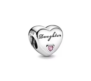 'Daughter' Engraved Pink CZ Charm. S925 Sterling Silver + FREE BRACELET UK - Picture 1 of 6