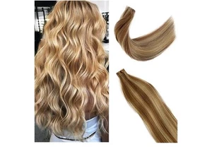 Nastro In 100% Remy Estensioni Capelli Umani Pelle Marrone Dorato 22" - Foto 1 di 4