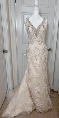 NWT! Bonny Bridal Ivory Wedding Gown w/ Train, Floral Embroidery, Rhinestones, 6 - Image 1 of 4