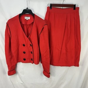 ST JOHN MARIE GRAY RED SANTANA KNIT 2 PC SUIT SKIRT SIZE 12 JACKET 10 SKIRT USA - Picture 1 of 12