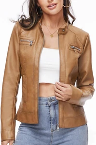 Trench Coat Giacche Da Donna in Finta Pelle, Con Cerniera, Corto, in Poliuretano - Foto 1 di 12