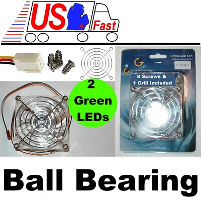 80mm*25mm Ball Bearing Case Cooling Fan 12VDC/12V 3pin 2LED GREEN+GRILL+SCREWS - Image 1 of 4