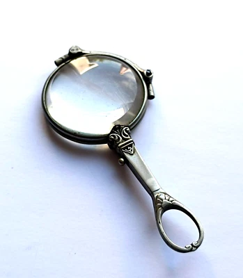 Ancienne Loupe Pliant Platinin Lorgnette à Mains Vintage Magnifying Glass - Photo 1/4