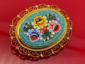 Vintage Made in Italy Micro Mosaic Brooch Gold Metal - Picture 1 of 11