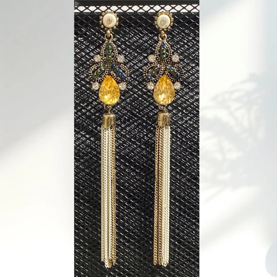 Rhinestone Chain Tassel Drop Earrings Pierced Long Beaded Dangle Antiqued Boho - Image 1 of 4