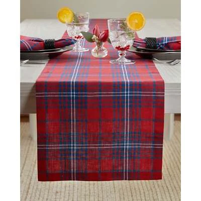 Solino Home 100% Pure Linen Table Runner Christmas Dining Party Red Tartan Plaid - Image 1 of 4