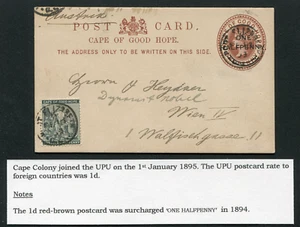 CABO DE BUENA ESPERANZA (23362): 1895 UPU tarifa 1d a Austria/cancelar/tarjeta - Imagen 1 de 2