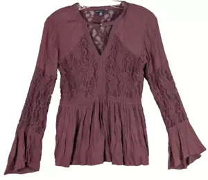 American Eagle Outfitters Top Women's Burgundy Long Sleeve Ruffled Lace Size XS - Picture 1 of 13
