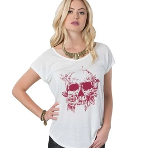 Metal Mulisha Women's Kalet Skull and Roses Sexy Natural White Light Rose Top  - Picture 1 of 3
