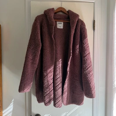 Jaqueta cardigã rosa Victoria's Secret aconchegante Sherpa lã com capuz marrom M G - Imagem 1 de 4