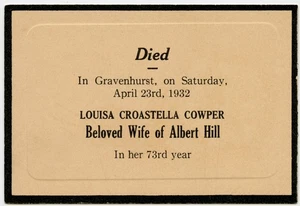 Mourning Card , Louisa Croastella Cowper Died in Gravenhurst 1932 , ON Canada - Picture 1 of 2