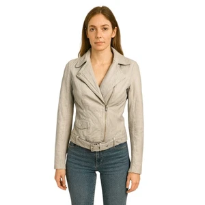 Trouve Damen Leder Moto Jacke grau asymmetrisch Reißverschluss Gürtel XS - Bild 1 von 9