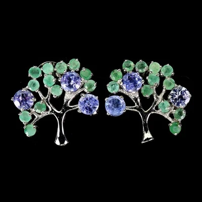 Pendientes de plata de ley 925 redondos de tanzanita de 4 mm joyas de piedras preciosas esmeralda Foto 1 de 4