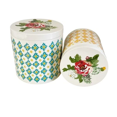Pioneer Woman Metal Canister Set Floral Geometric Pattern 2 Piece Colorful - Image 1 of 4