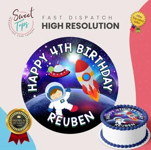 Niños Astronauta Espacial Personalizado Redondo Comestible Cumpleaños Pastel Decoración - Imagen 1 de 6