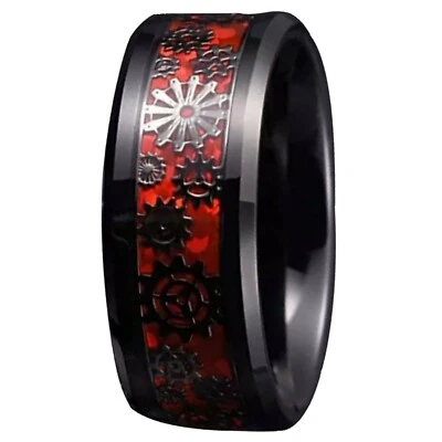 Red Black Mechanical Gear Ring Stainless Steel Steampunk Wedding Band Sizes 6-13 - Image 1 of 3