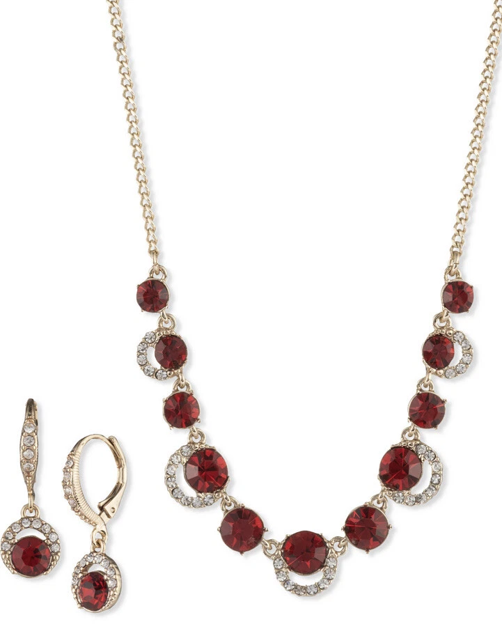 $78 NUEVO CON ETIQUETAS GIVECHY PENDIENTES COLGANTES HALO CRISTAL ROJO Y COLLAR FRONTAL 19” - I13B Foto 1 de 2