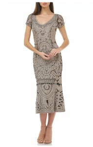 JS COLLECTIONS NWT SOUTACHE EMBROIDERED MIDI TRUMPET HEM CLAY/BLACK DRESS sz 6 - Picture 1 of 5
